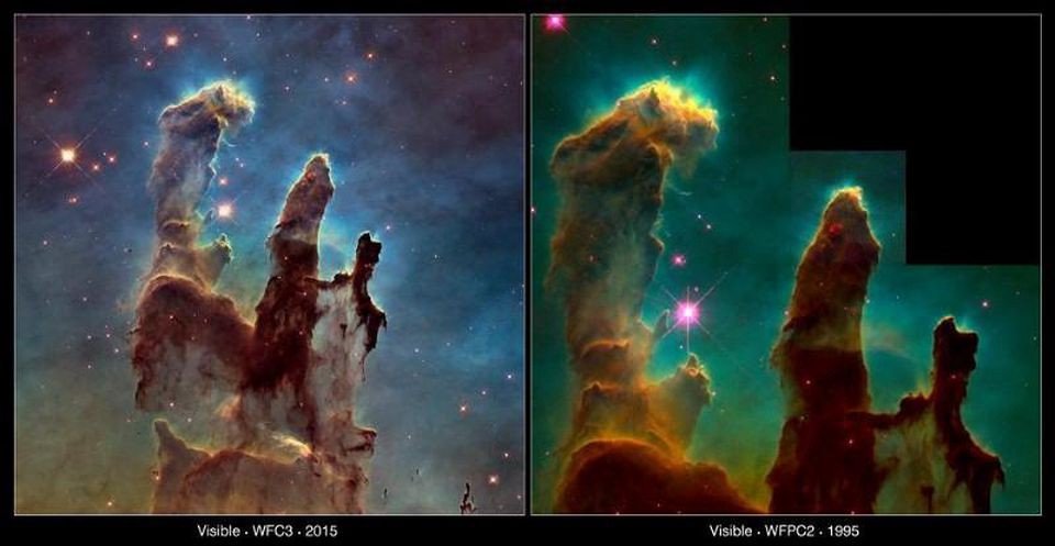 This image compares two views of the Eagle Nebula’s Pillars of Creation taken with Hubble 20 years apart. The new image, on the left, captures almost exactly the same region as in the 1995, on the right. However, the newer image uses Hubble’s Wide Field Camera 3, installed in 2009, to capture light from glowing oxygen, hydrogen, and sulphur with greater clarity. Having both images allows astronomers to study how the structure of the pillars is changing over time, and showcases one of the finest examples of what we can learn by doing astronomy in space. (WFC3: NASA, ESA/Hubble and the Hubble Heritage Team WFPC2: NASA, ESA/Hubble, STScI, J. Hester and P. Scowen (Arizona State University))