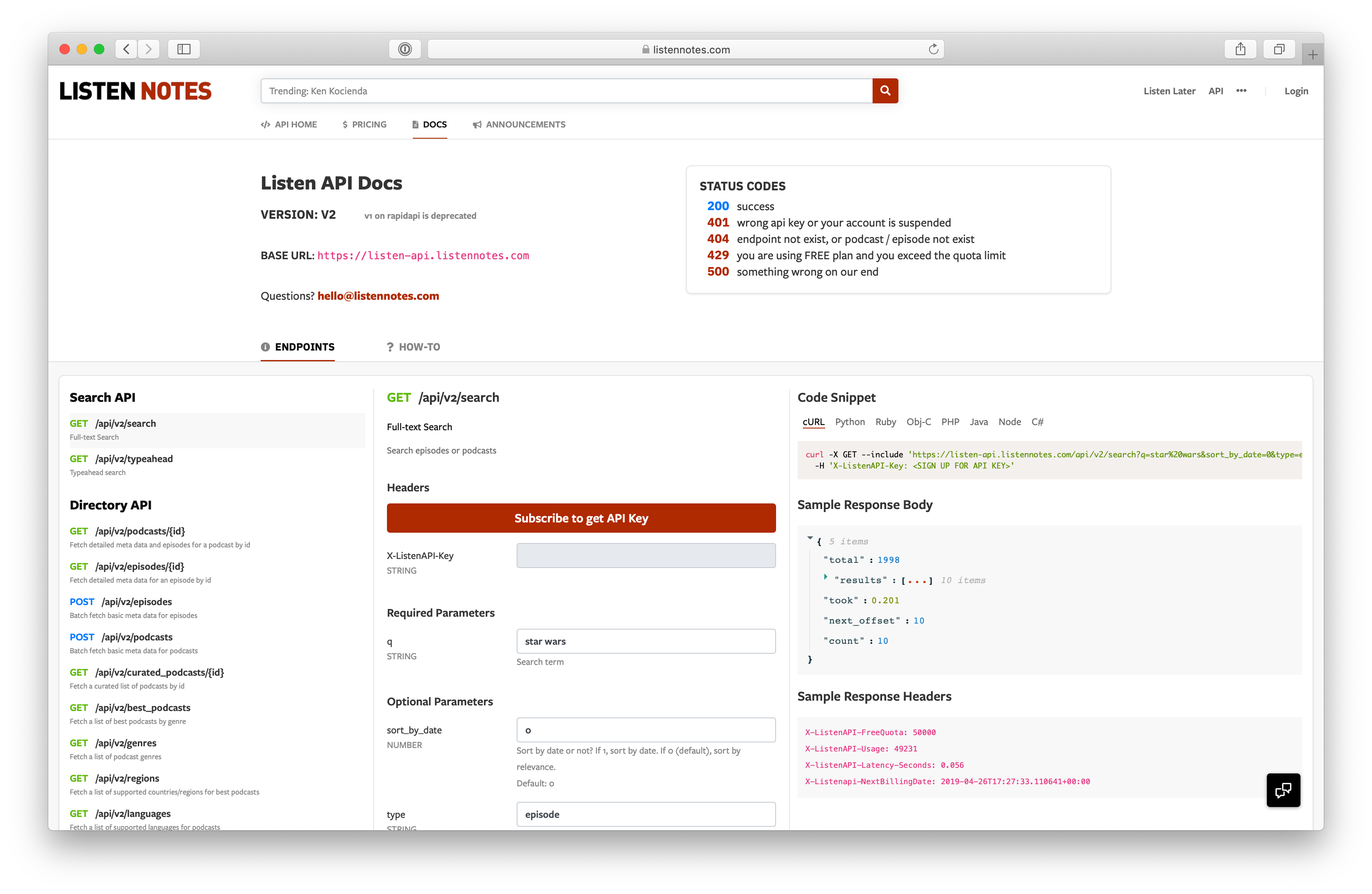 Listen API documentation