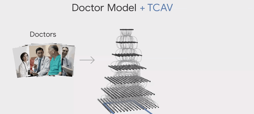 Example of a realistic use of TCAV to quantify how much the concepts of “white coat,” “stethoscope,” and “male” are important for an image classification model for a positive prediction of the “doctor” class.