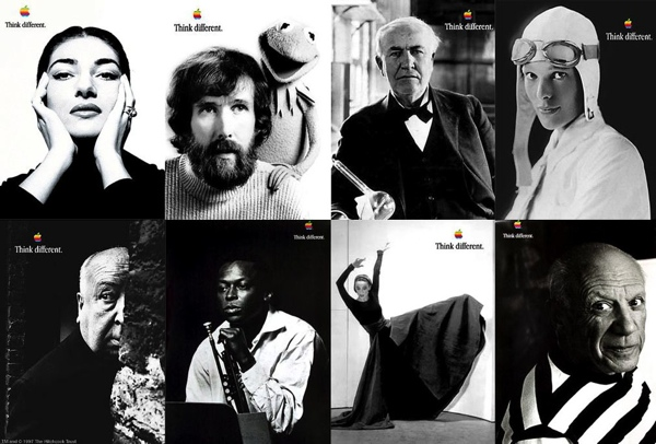 Think Different campaign advertisements, Apple, 1997 to 2002. Apple’s advertising campaign — Think Different — profiled artists, singers, civil rights leaders, and mathematicians instead of the typical devices and products. Steve Jobs is quoted by Walter Isaacson as saying: “This wasn’t about processor speed or memory. It was about creativity.” While the campaign promoted creativity and originality, it can also be interpreted as perpetuating the stereotype that innovation is a solo endeavor. Credit: © Apple.