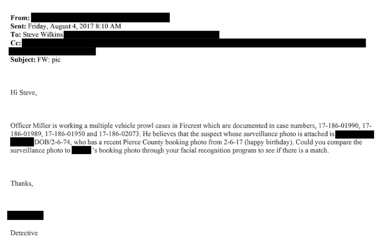 Correspondence between the Fircrest Police Department and Steve Wilkins of the Pierce County Sheriff’s Department outlining facial recognition search request.