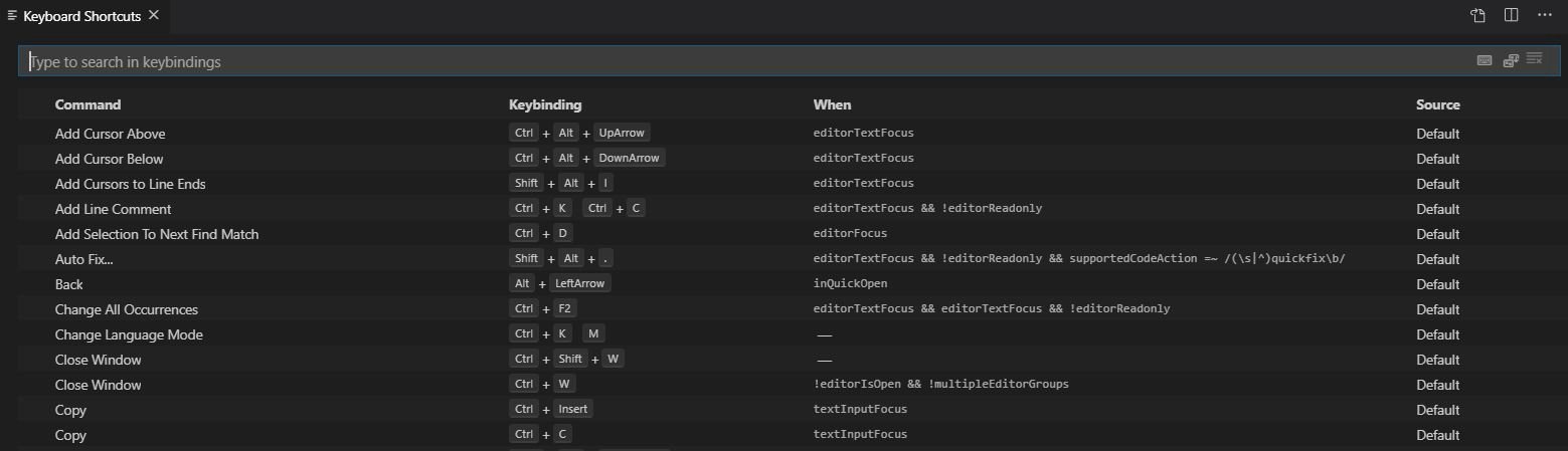 What the key binding panel looks like. Image from VS Code.