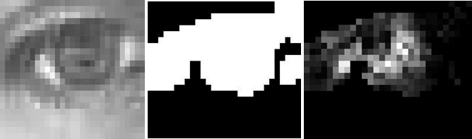 Left to right: A blurred eye image; the areas considered dark enough to be pupil candidates; our estimates of center probability in the regions that were dark